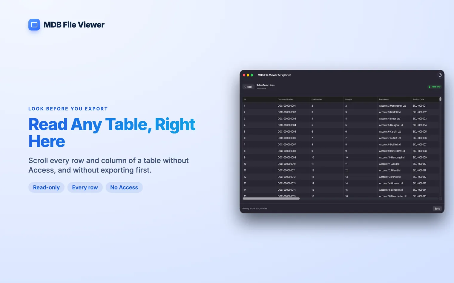 A table open in the viewer, scrolled through hundreds of thousands of rows without exporting