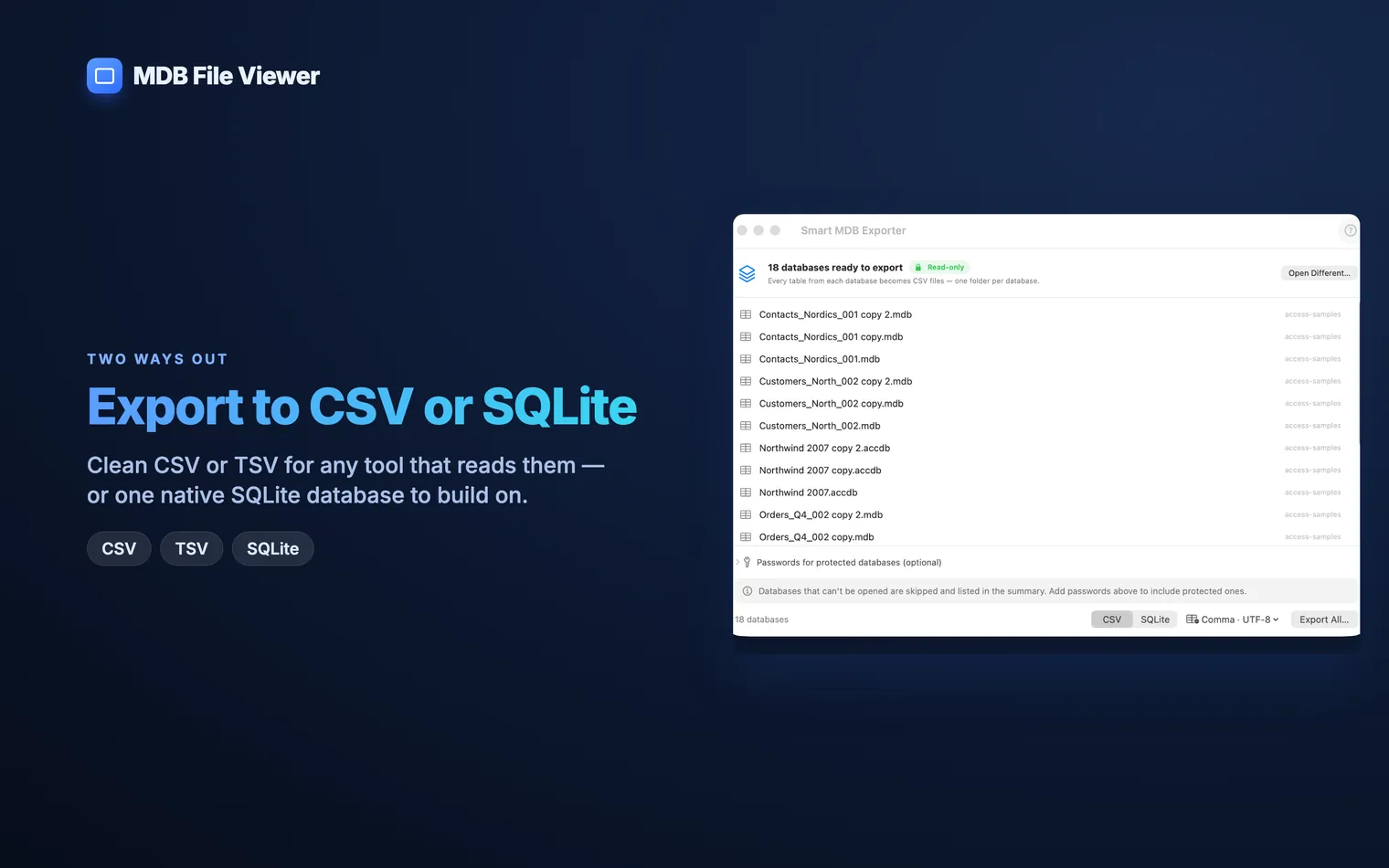 Choosing between CSV output and a single SQLite database, with separator and encoding options