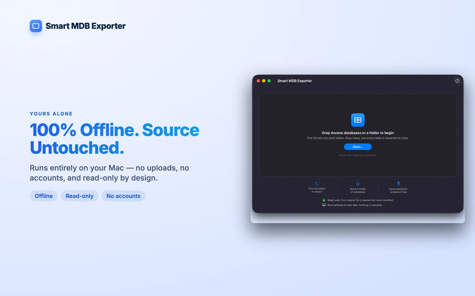 Export finished with the source database reported as untouched and no network access used