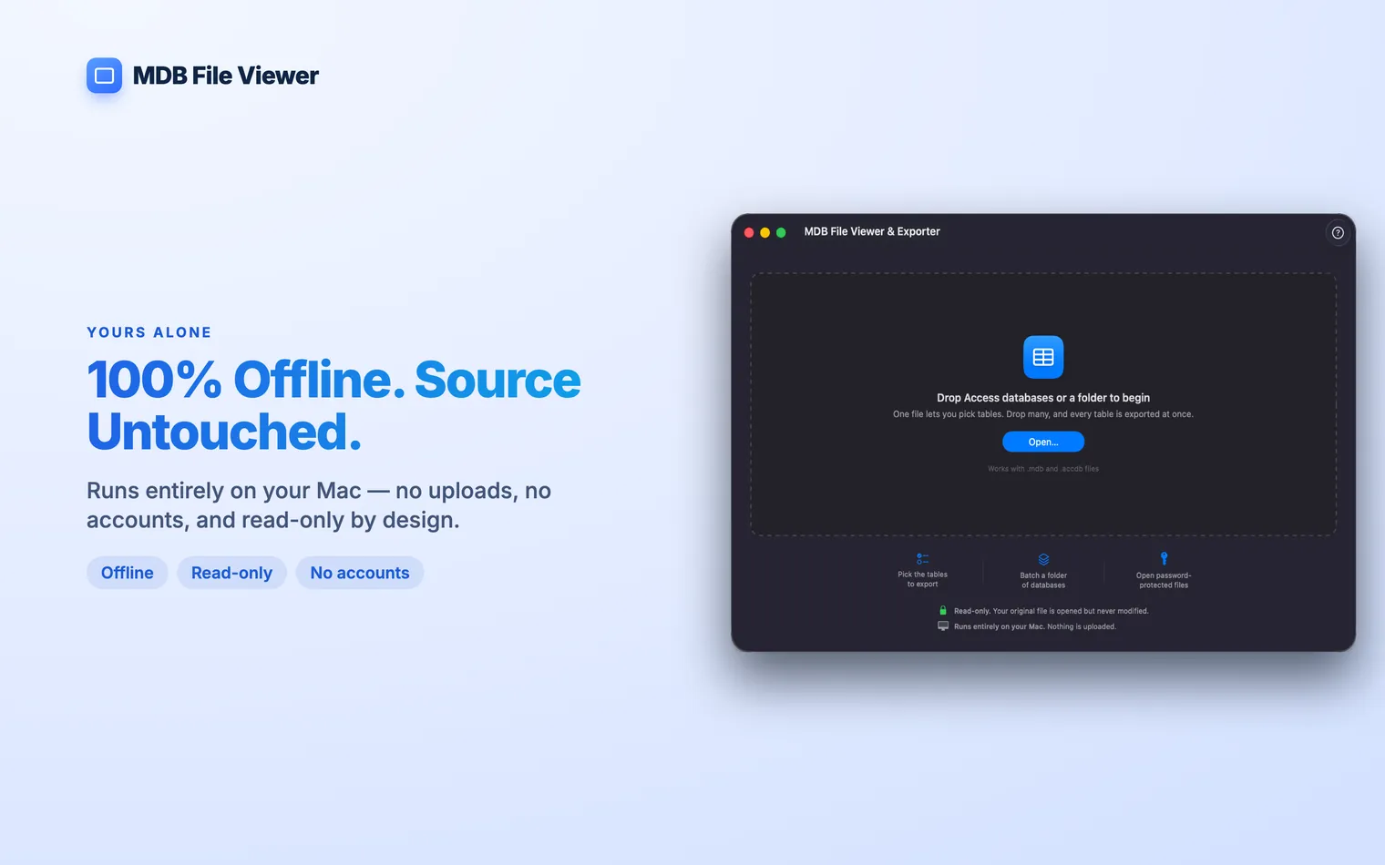 Export finished with the source database reported as untouched and no network access used